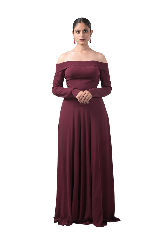 WINE OFF-SHOULDER DRESS
